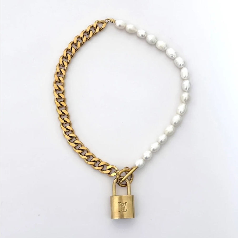 Authentic Louis Vuitton Lock Pearl Chain Necklace